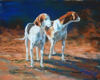 Sallyann Mickel: 'Which Way Did He Go', 2009 Pastel, Animals.  Pastel painting of two foxhound dogs pausing to catch the scent of the fox.       ...
