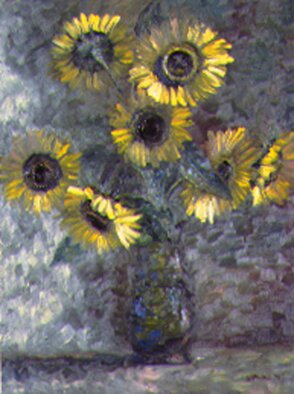 Sallyann Mickel: 'sunflowers', 2023 Oil Painting, Floral. Moody painting of sunflower Blossoms...