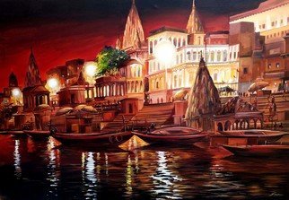 Samiran Sarkar: 'silent night ghats', 2021 Acrylic Painting, Cityscape. Silent Night Ghats at Varanasi is Acrylic on Canvas painting. Beauty of Silent Night Ghats environment of Varanasi. Night Lights , Beauty of Night Architectures , Boats , Temples and Night light reflections on Holy Ganges water river are main composition of this painting. ...