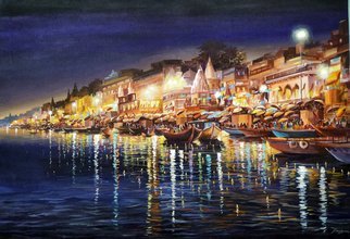 Samiran Sarkar: 'varanasi night', 2021 Acrylic Painting, Cityscape. Varanasi at Night IV is a beauty of Night light reflection on Ganges river.  One of the spectacular night atmosphere in Varanasi Ghats.  Acrylic on canvas painting. ...