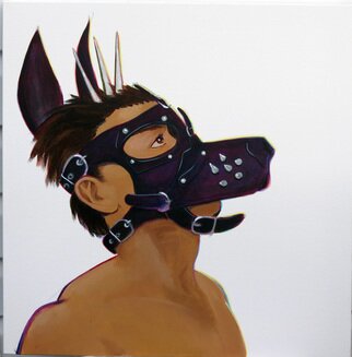 Sam Thorp: 'The Wolf', 2014 Acrylic Painting, Fetish. Leather Pup showing obedience and patience.  High key colors with bold arabesque lines.  No personal information about the model will be given out.  Original and one of a kind.  No Photoshop, AI or NFT nonsense.  Just old fashioned skills by a real human being.  Acrylic on canvas.  Clear coated for ...
