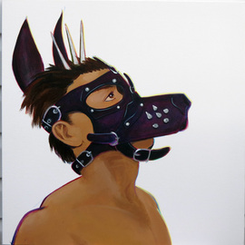 Sam Thorp: 'The Wolf', 2014 Acrylic Painting, Fetish. Artist Description: Leather Pup showing obedience and patience.  High key colors with bold arabesque lines.  No personal information about the model will be given out.  Original and one of a kind.  No Photoshop, AI or NFT nonsense.  Just old fashioned skills by a real human being.  Acrylic on canvas.  Clear ...