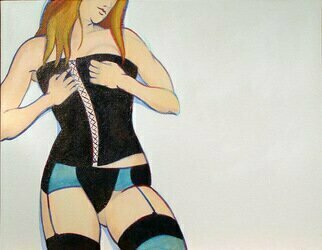 Sam Thorp: 'back to front', 2010 Acrylic Painting, Figurative. Conventionally pretty woman in a corset. High Key colors with bold arabesque lines. No personal information about the model will be given out. Original and one of a kind. No Photoshop, AI or NFT nonsense. Just old fashioned skills by a real human being. Acrylic on canvas board. Clear coated ...