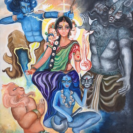 Sangeetha Bansal: 'Celebrating the goddess', 2016 Oil Painting, People. Artist Description:  Original oil painting celebrating the Hindu festival of Navratri. These nine days of festivities celebrate the various forms of the goddesses. This art is my interpretation of the goddess. Shes at the center of the art as Sita in a scene from the Ramayana. Shes seen as Laxmi- ...