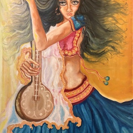 Sangeetha Bansal: 'Dance to the tune of my love', 2015 Oil Painting, People. Artist Description: Original oil painting of a woman dancing with an instrument. ...