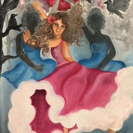 Sangeetha Bansal: 'Dancing with dread', 2016 Oil Painting, People. Artist Description:  Oil painting of a woman dancing away her fears. She believes that music and dance can get you through your worst nightmares. It gives you strength to cope. Its a very symbolic piece of art. Her nameless fears are dancing their way into her life while she is ...