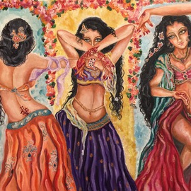 Sangeetha Bansal: 'Exotic Dancers', 2015 Oil Painting, People. Artist Description:  Oil painting of three women dancing with colorful clothes and henna on hands. ...