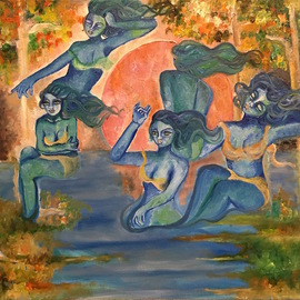 Sangeetha Bansal: 'Fall Fairies', 2016 Oil Painting, People. Artist Description:  Original oil painting of fall fairies frolicking in the water. The gorgeous autumn colors form a prefect setting for the fairies to let their hair down, and celebrate this lovely season. The crisp leaves along with the blue water and nymphs, forms a very stunning picture. ...