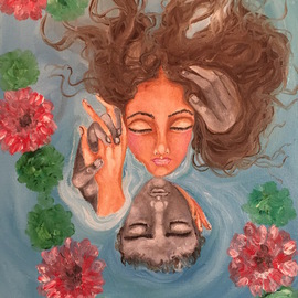 Sangeetha Bansal: 'Floating in love', 2016 Oil Painting, People. Artist Description:  Original oil painting of a couple in love. They are floating in a lake and surrounded by flowers. The flowers signify love blossoming and the water shows that they are drowning in their passion. Its a very romantic art. ...