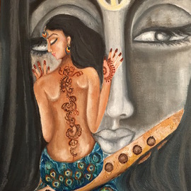 Sangeetha Bansal: 'Flute of love ', 2015 Oil Painting, People. Artist Description:  Original oil painting of Krishna a Hindu god and Radha his companion. He is depicted as a stone idol and she is sitting on his flute, totally lost in him, his music and his love. ...