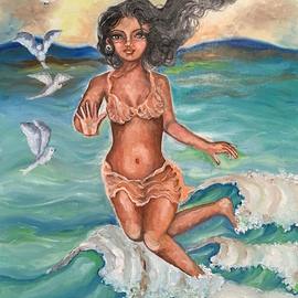Sangeetha Bansal: 'Good bye summer', 2016 Oil Painting, People. Artist Description:  Original oil painting of a woman jumping in the waves. It is her one last frolic in the sun and sand. Its a last time time enjoying the water for the year. ...
