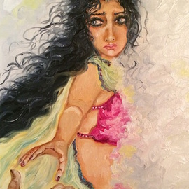 Sangeetha Bansal: 'Letting him go', 2016 Oil Painting, People. Artist Description:  Original oil painting of a woman letting her lover go. Its a very difficult decision for her and she is heartbroken. But, she wants to move on and that can happen only when she wipes out her past love.She looks back one last time but keeps going ...