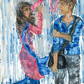 Sangeetha Bansal: 'Love in rain', 2015 Oil Painting, People. Artist Description:  Original oil painting of a couple romancing in the rain. The girl is trying to protect the guy from getting wet by placing her bag over his head. ...