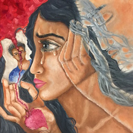 Sangeetha Bansal: 'Missing you', 2016 Oil Painting, Love. Artist Description:  Oil painting of a woman missing her lover. He has passed away and is no longer with her. He is with her in spirit though and will always be. She longs for his touch as she looks at his picture. She cannot see him but can feel his ...