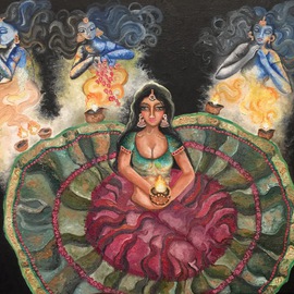 Sangeetha Bansal: 'Praying with spirits', 2016 Oil Painting, People. Artist Description: Original oil painting of a woman praying. She is calling upon the spirits, that come forth from the lamps, to guide her. They are blessing her, showering petals and blowing on conch shells to purify the atmosphere. She is mediating with a lamp in her hands, to dispel ...