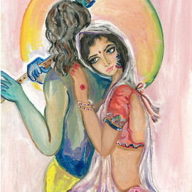 Sangeetha Bansal: 'Radha and krishna', 2013 Oil Painting, People. Artist Description:  Oil painting of Radha and krishna depicting divine love. Radha is leaning on Krishna who has his back towards her and is playing his flute. He has the traditional peacock feather on his head. Radha is wearing colorful clothes and jewelry. The painting is made on a canvas ...