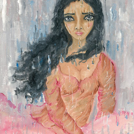 Sangeetha Bansal: 'Woman crying in the rain', 2013 Oil Painting, People. Artist Description:  Oil painting of a woman sitting in the rain and crying with her hair blowing in the wind and water splashing around her made on a canvas sheet. ...