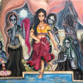 Sangeetha Bansal: 'bath', 2016 Oil Painting, Fantasy. Artist Description:  Original oil painting of an apsara celestial dancer, about to take a bath. Her handmaidens are helping her prepare for it. Its a very regal piece of art with shades of black and white and color. Its set against the backdrop of a starry night.apsara, bath, handmaidens, ...