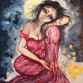 Sangeetha Bansal: 'love illusion ', 2016 Oil Painting, People. Artist Description: Original oil painting of a woman trying to catch love which is nothing but a play of light. Love is an illusion as elusive as the moon evading my heart and taking pieces of it away into the night skies of sorrow. . . ...