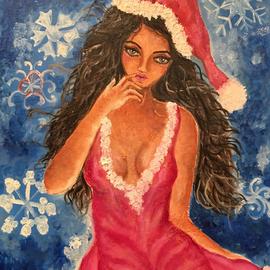 Sangeetha Bansal: 'naughty or nice', 2016 Oil Painting, People. Artist Description: Original oil painting of a woman ready for christmas. She is dressed as santa and is striking a fun pose. She may be naughty or nice. . . one never knows. . . woman, santa, festive, naughty, nice, christmas, snow, fun...
