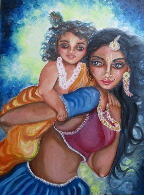 Sangeetha Bansal: 'playing with child', 2018 Oil Painting, Family. Original oil painting of a mother playing with her child. The art depicts the Hindu God Krishna as a baby, enjoying with his divine mother- Yashoda. He is riding on his mother s back and laughing blissfully. The art is tender, filled with love. It captures a beautiful, playful bond ...