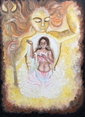 Sangeetha Bansal: 'sun moon universe in harmony', 2016 Oil Painting, Fantasy.  complete sync with each other. The moon is a reflection of the sun and she is essentially a part of him. She is cool and calm while he burns bright and is fiery. She feeds off him. They both are totally in harmony with the universe and bring light, dispelling...