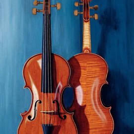 Sarah Longlands: 'Baroque Violin by Viola Ziessow', 2001 Oil Painting, Ethereal. Artist Description: Violas Violin, front and back, commissioned from the maker, Viola Ziessow by owner, a violin and viola player and then leader of Bedford SymphonyOrchestra, who then commissioned me to paint the violinThis picture is now available as an SA3 archival print see seperate entry. This picture is now ...
