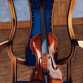 Sarah Longlands: 'Marani sur la Chaise', 1999 Oil Painting, Philosophy. Artist Description:   Mariani violin on my Regency chair.         ...