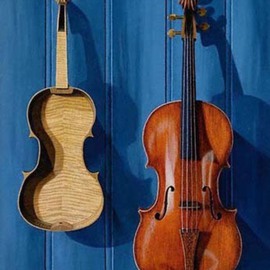 Sarah Longlands: 'Unfinished 2', 2001 Oil Painting, Philosophy. Artist Description:  Unfinished violin and tenor viola hanging on match boarding. ...