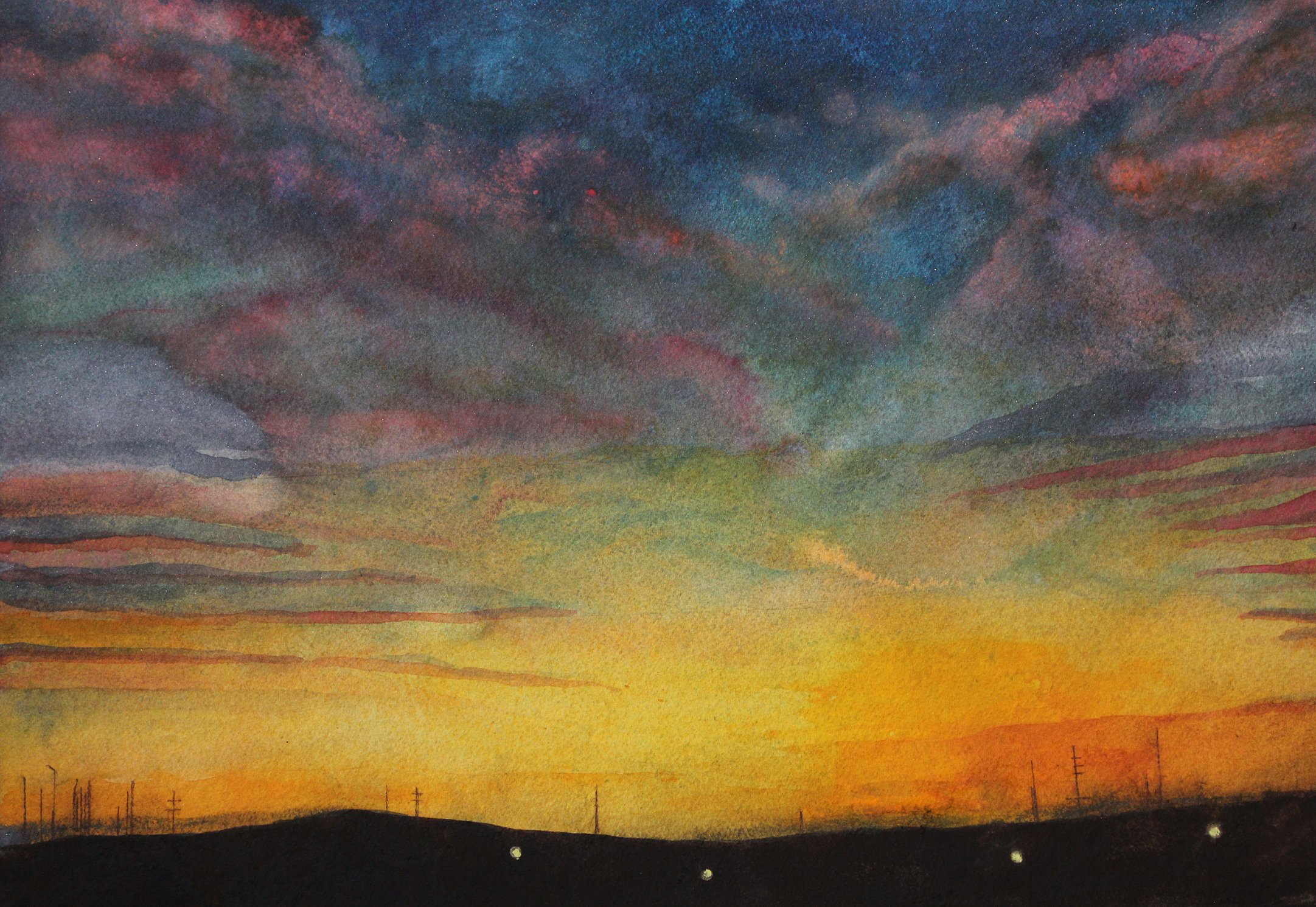 Sarah Longlands: 'railroad sunrise', 2018 Giclee, Ethereal. Made from a watercolour from a combination of two photographs one a sunrise seen from a train in Illinois, the other another sunrise seen on the east coast of Scotland. Taken by two friends, nearly on the same day.This is an archival print on 310gsm Canson lustre paper. The ...