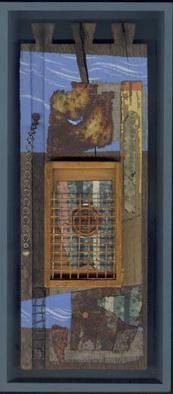 Robert H. Stockton: 'San Andreas Two Step', 1997 Assemblage, Abstract. This is a mixed media shadow box piece created from a variety of found objects, including: wire mesh; old linoleum; rusted, painted metal; weathered fabric and wood; and acrylic paint.  The composition floats in a grey shadow box frame. ...