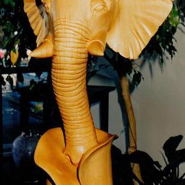 Michael Semsch: 'Trunked', 1994 Wood Sculpture, Animals. Artist Description:  Trunked depicts an elephant head supported by its trunk. The material is sugar pine. ...