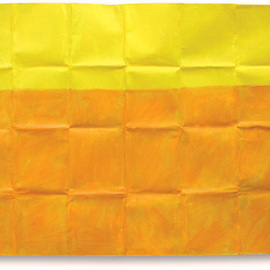 Lavih Serfaty: 'yelloworange', 2006 Aluminum Sculpture, Abstract. Artist Description: This two dimentional sculpture is made of aluminum nailed to a wooden frame. the forms of the sculpture change with the light direction. The work is a reflection of a paper first folded and then opened. ...