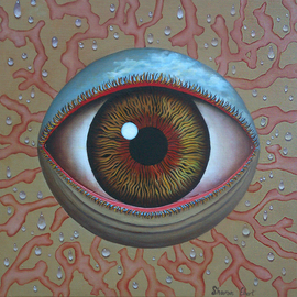 Sharon Ebert: 'Eye Dew', 2011 Oil Painting, Surrealism. Artist Description:  Sharon Ebert, sharonscapes, Eye Dew, surreal, surrealism, oil painting, linen, eye, sky, dew, blue, red, yellow, Fiji, South Pacific, coral ...