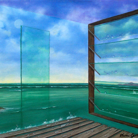 Sharon Ebert: 'I Can See Clearly Now', 2002 Oil Painting, Surrealism. Artist Description: My feeling sometimes when looking out at the sea through the louvered window glass. . . imagining all that is happening out there. Glass dissolving, fish jumping, moon up above. . . . ....