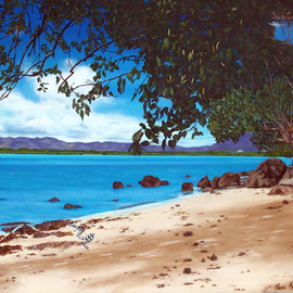 Sharon Ebert: 'Sea Krait with Chilies', 2006 Acrylic Painting, Surrealism. Artist Description:  surreal, surrealism, seascapes, chilies, snakes, sea krait, ocean, sea, mountains, rocks, tree, beach, sand, Fiji ...