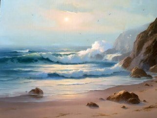 Sheri Daniels-wood: 'Low Tide', 1971 Oil Painting, Seascape.         This is a painting of the CA. coast line. by Earl Daniels       ...