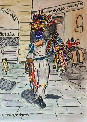 Dan Shiloh: 'genoa italy', 2023 Tempera Painting, Cityscape. Woman selling on the streets of Genoa Italy...