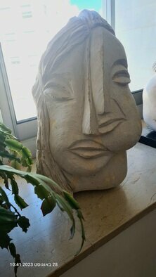 Dan Shiloh: 'stone sculpture', 2023 Stone Sculpture, Portrait. White stone sculpture of a man and a woman  like Siamese twins...