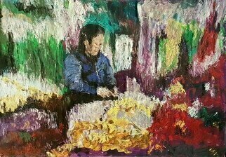 Dan Shiloh: 'woman arranging flowers Vietnam', 2023 Acrylic Painting, Urban. Woman in Vietnam arranging flowers in the market...