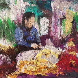 Dan Shiloh: 'woman arranging flowers Vietnam', 2023 Acrylic Painting, Urban. Artist Description: Woman in Vietnam arranging flowers in the market...