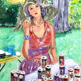 Dan Shiloh: 'woman selling jam', 2023 Acrylic Painting, Urban. Artist Description: Woman selling jam in a park in Italy...