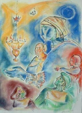 Shoshannah Brombacher: 'A Dutch Shabbos', 2003 Pastel, Family. The family is dressed in 17th century Dutch outfits and light a typical Dutch ceiling shabbos lamp....