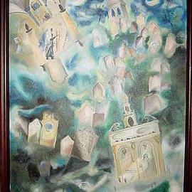 Shoshannah Brombacher: 'The graveyard of Prague', 1994 Oil Painting, Death. Artist Description: This is the famous graveyard in the ghetto of Prague, where the Hoyche Rabbi Loeb, the maker of the golem, is buried. His grave with candles and stones is in the foreground....