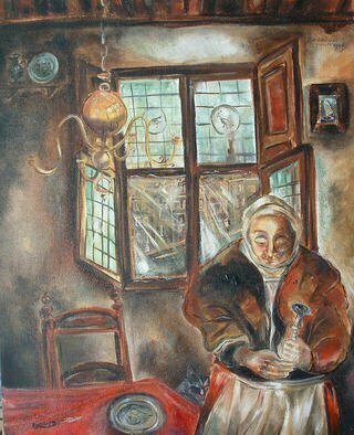 Shoshannah Brombacher: 'Woman with pear', 1996 Oil Painting, Ethnic.  This is a woman in a 17th century interior in my native Holland. ...