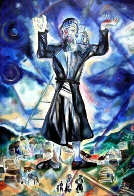 Shoshannah Brombacher: 'between heaven and earth', 2000 Oil Painting, Judaic. Said the Karliner RebbeA Jew should be like the ladder of Jacob, with his head in Heaven and his feet firmly planted on the ground.  In other words, a Jew should study Torah and think of spiritual things while taking care of his livelihood, business and family, etc.  here and ...