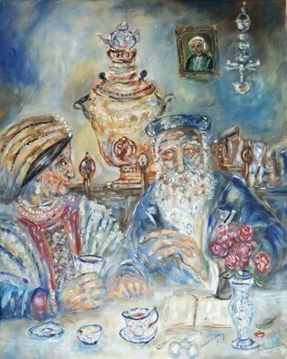 Shoshannah Brombacher: 'tea on shabbos afternoon', 2017 Oil Painting, Judaic. An old Chassidic couple cherishes their quiet afternoon tea on Shabbos, with their old samovar, books and memories. ...