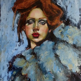 Tatiana Siedlova: 'josephine', 2016 Oil Painting, Portrait. Artist Description: I was born in a thunderstormI grew up overnightI played aloneI played on my ownI survivedHeyI wanted everything I never hadLike the love that comes with lightKeywords: actress, redhead, singer, blue, white, woman, feathers, fur, girl...