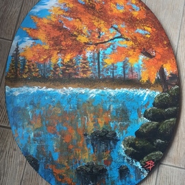 Simran Bedi: 'fall', 2022 Acrylic Painting, Landscape. Artist Description: I usually love the contrast of a blue sky and fall colours on the trees. Definitely wanted to implement that in this painting ...