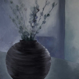 Sue Johnson: 'Changing of the Light', 2012 Oil Painting, Still Life. Artist Description:    This painting was inspired by the cast shadow made by a small pottery vase filled with pussy willows that sits on a cabinet in my dining room. The room is off a patio and the light is continually changing.         ...